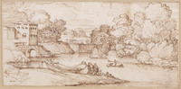 K V 068
<br/>
Rivierlandschap met figuren bij een gestrande roeiboot
<br/>
<em>Grimaldi, Giovanni Francesco (1606-1680)</em>